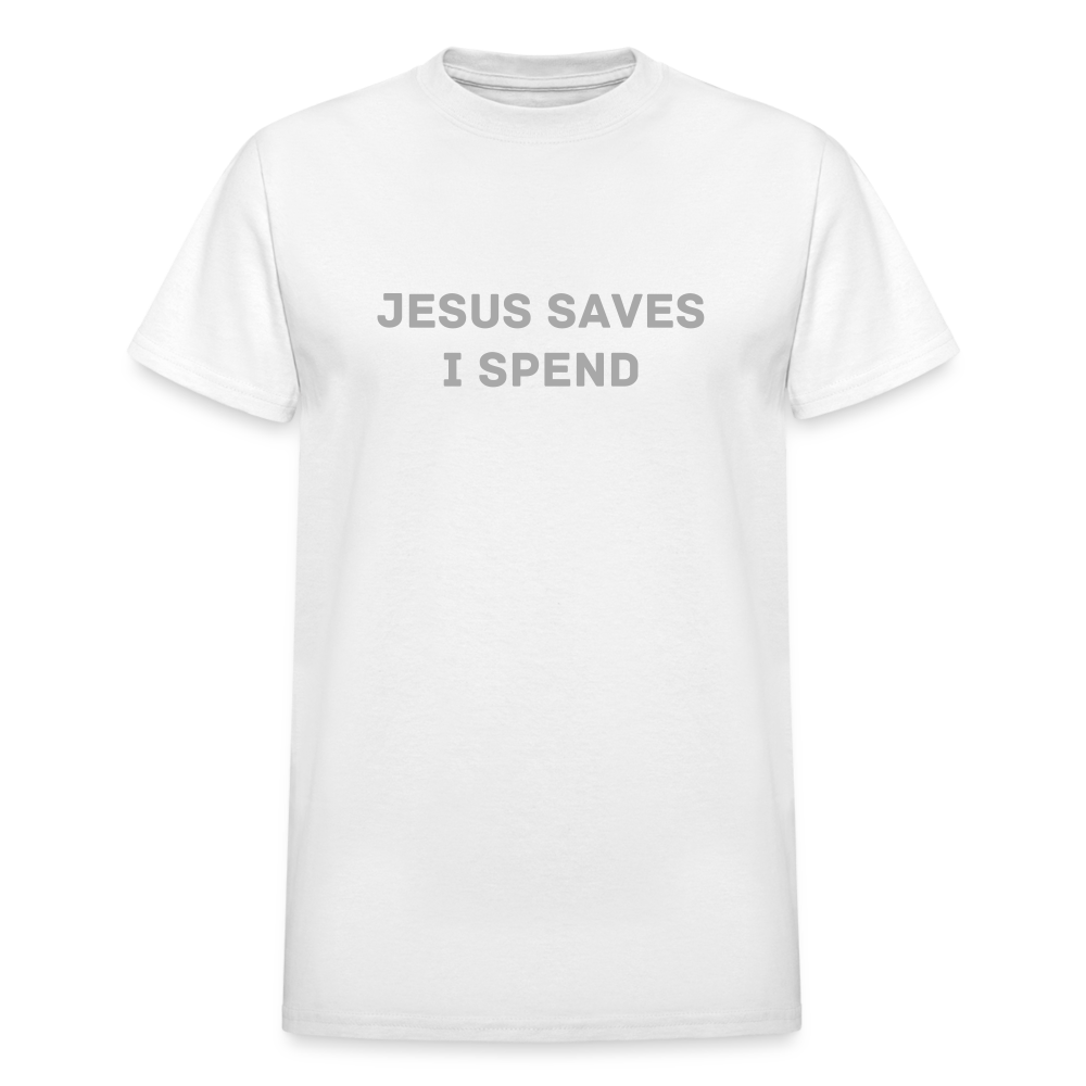 JESUS SAVES I SPEND - white